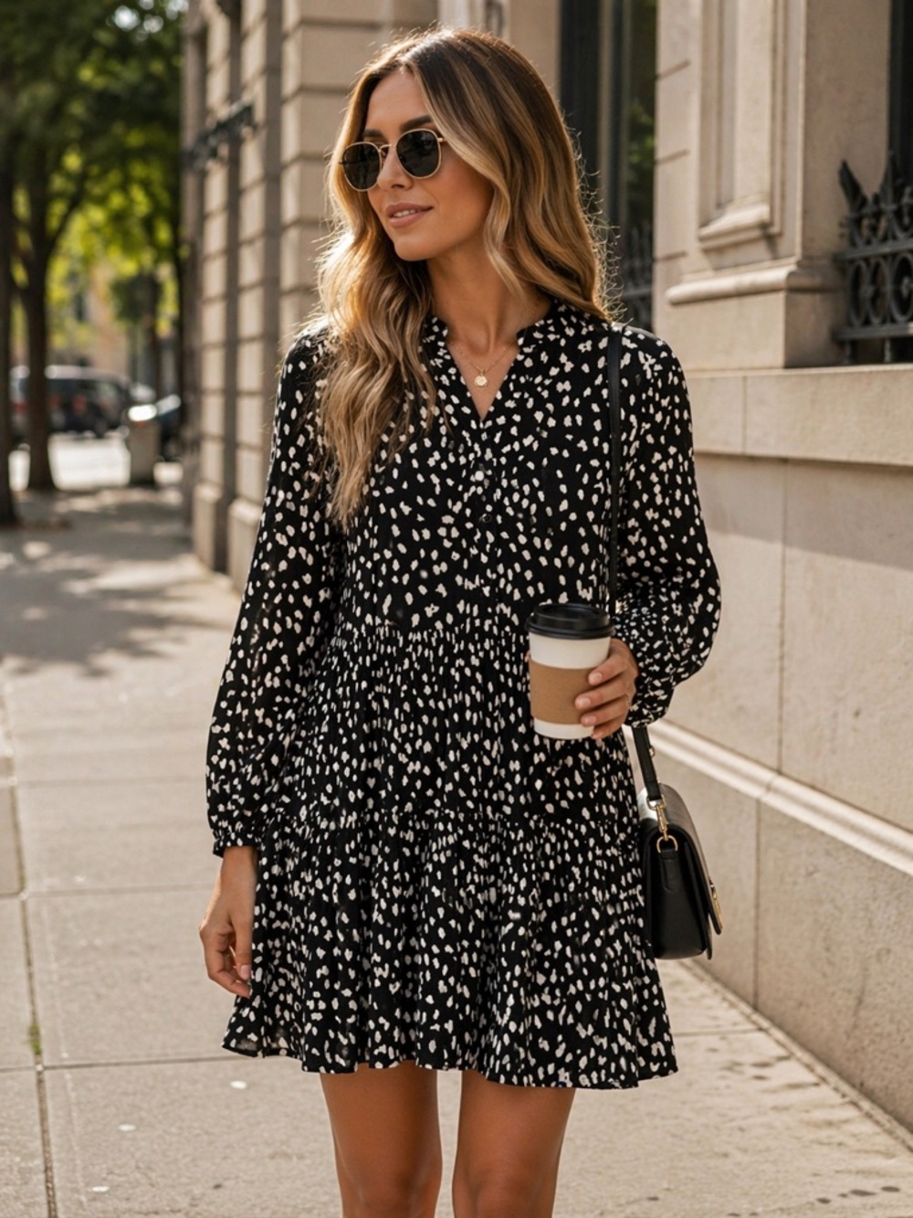 Easel Black & White Printed Mini Dress | Chic City Coffee Run Look